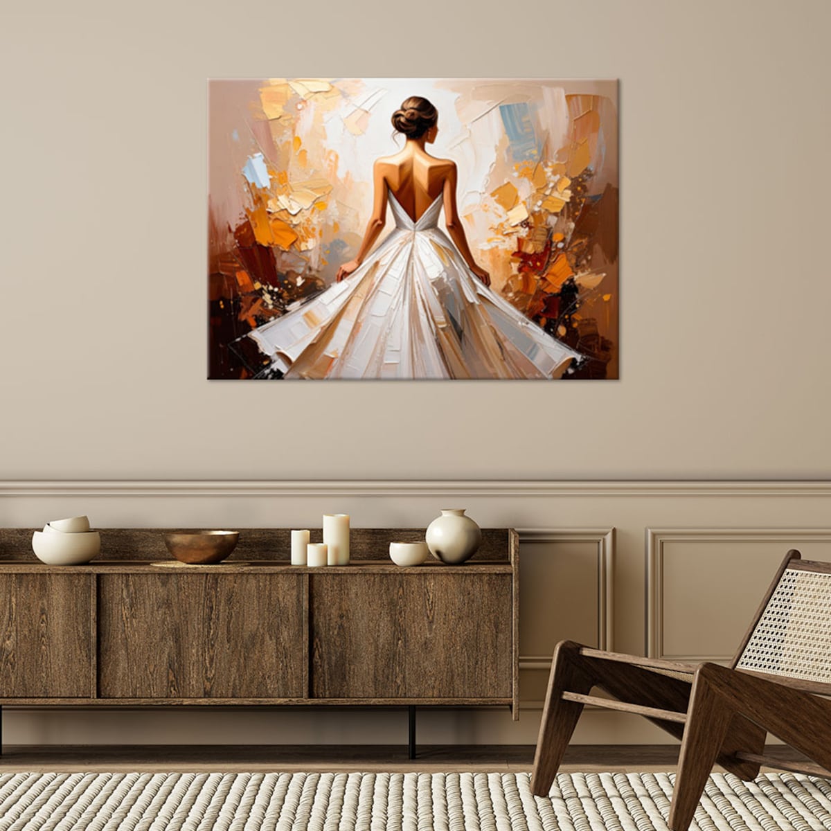 Feeby Obraz nowoczesny do salonu sypialni, Kobieta w białej eleganckiej sukni 120x80