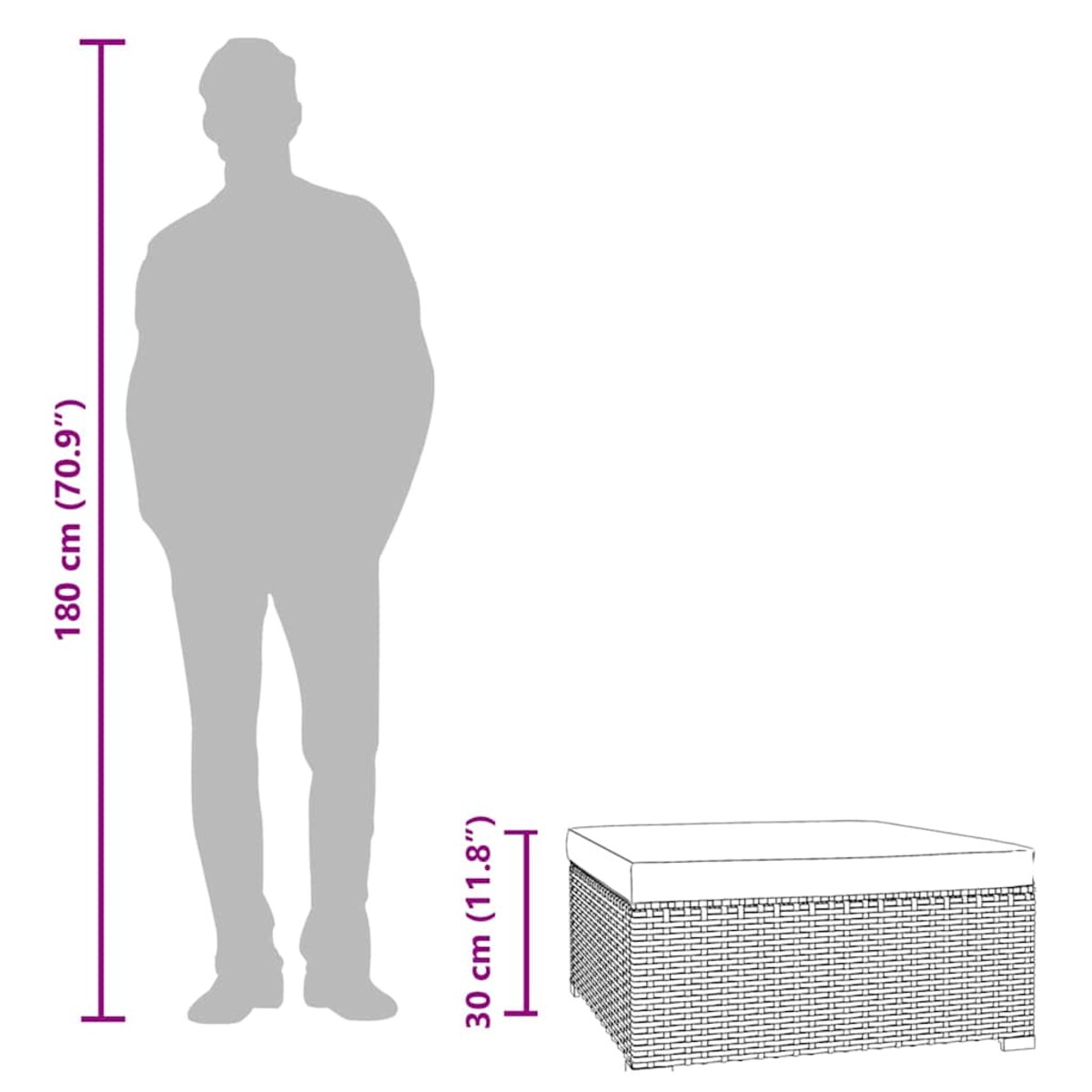 vidaXL Podnóżek ogrodowy, z poduszką, 70x70x30 cm, polirattan, czarny