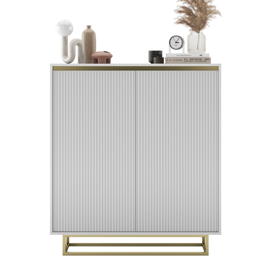 Komoda Glamour Szafka RTV Biały MAT ryflowane fronty złote akcenty 110,8 cm