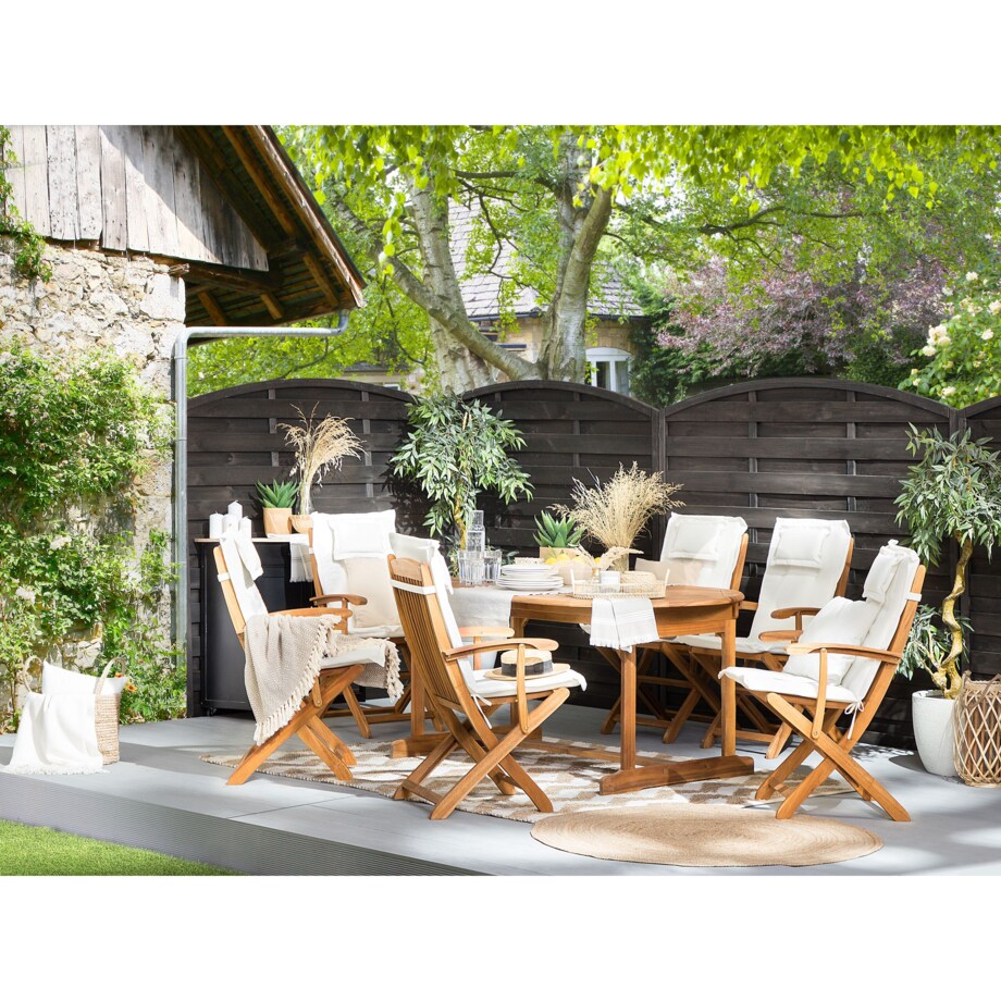 Zestaw ogrodowy drewniany stół i 8 krzeseł z poduszkami białymi MAUI