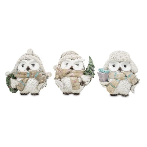 Figurki 3 sówki w zimowych ubrankach 10,5x11x8 i 10x10x8 cm