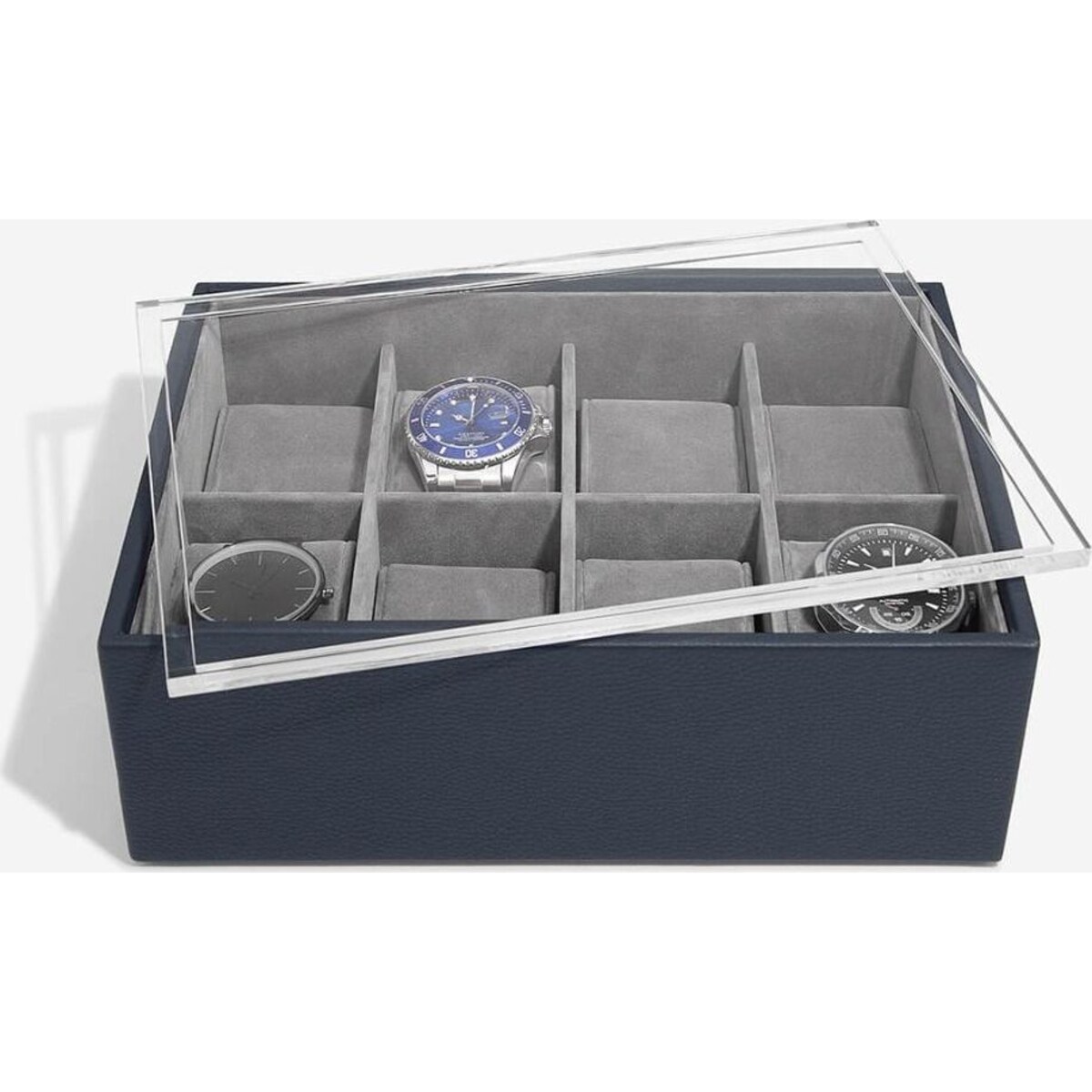 Pudełko na zegarki Stackers Pebble Classic 8 komorowe granatowe z pokrywką