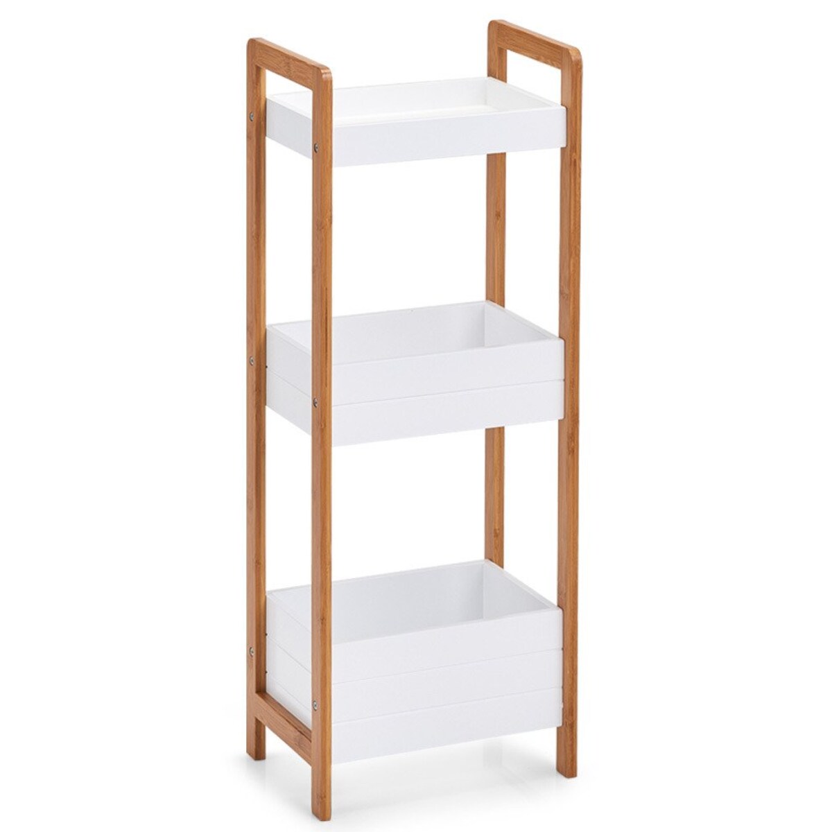 Półka z włókna bambusowego, trzy kosze na przedmioty, mebel z pojemnikami.