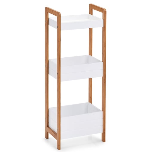 Półka z włókna bambusowego, trzy kosze na przedmioty, mebel z pojemnikami.