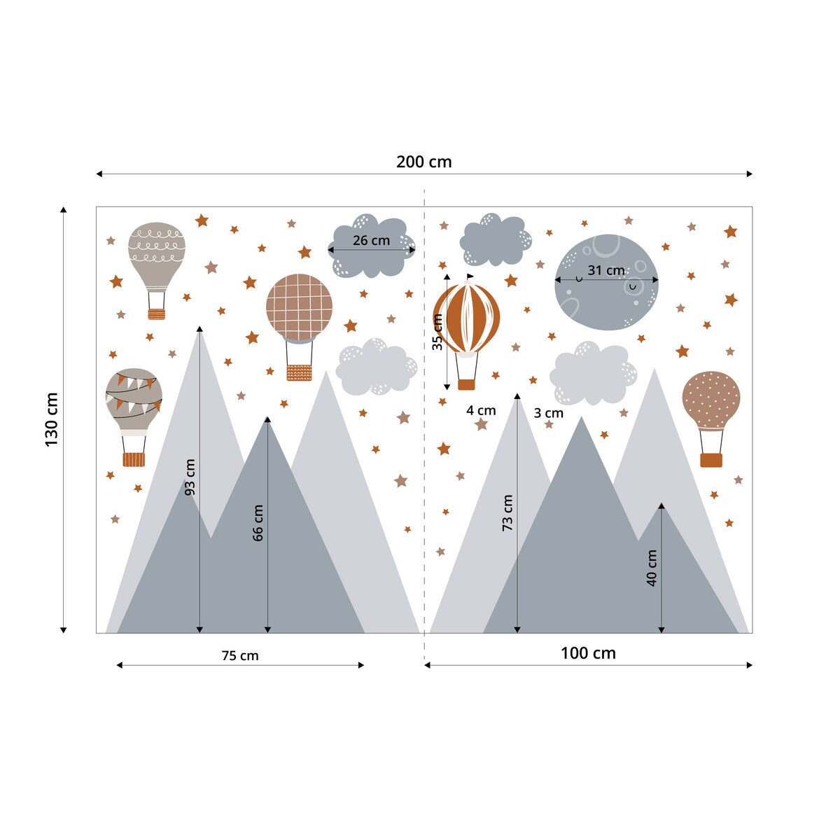 NAKLEJKI ŚCIENNE DLA DZIECI SZARE GÓRY GWIAZDKI CHMURY BALONY ZESTAW