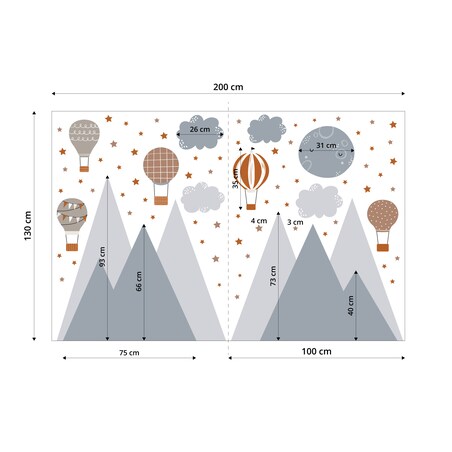 NAKLEJKI ŚCIENNE DLA DZIECI SZARE GÓRY GWIAZDKI CHMURY BALONY ZESTAW