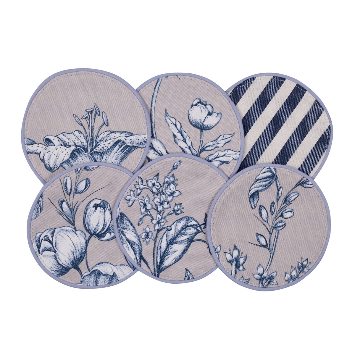Mini dwustronne podkładki z motywem kwiatowym i eleganckich pasów Blossom Blue & Stripes – komplet 6 szt.