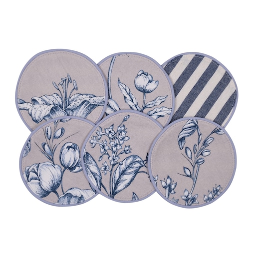 Mini dwustronne podkładki z motywem kwiatowym i eleganckich pasów Blossom Blue & Stripes – komplet 6 szt.