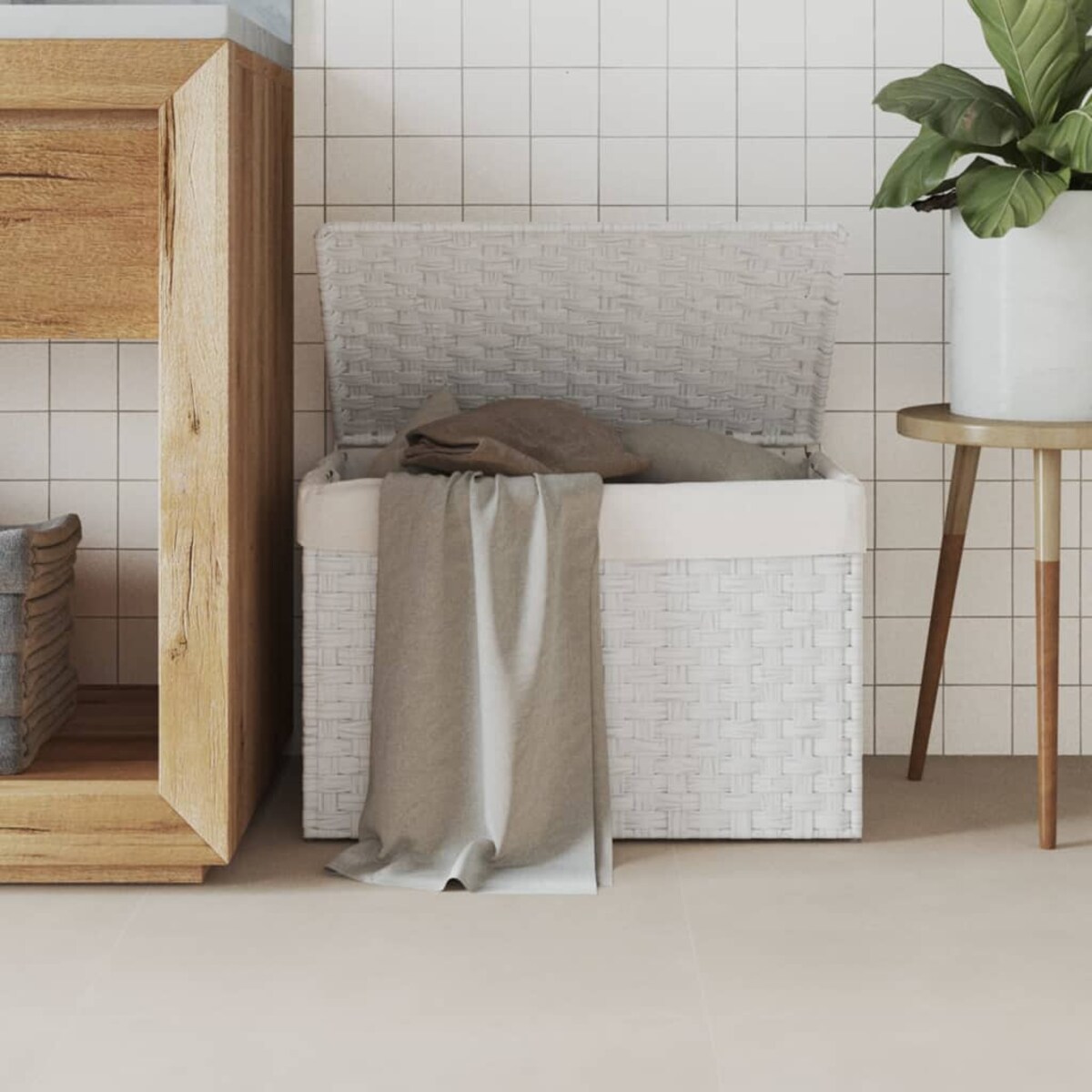 vidaXL Kosz na pranie, z pokrywą, biały, 55,5x35x34 cm, polirattan