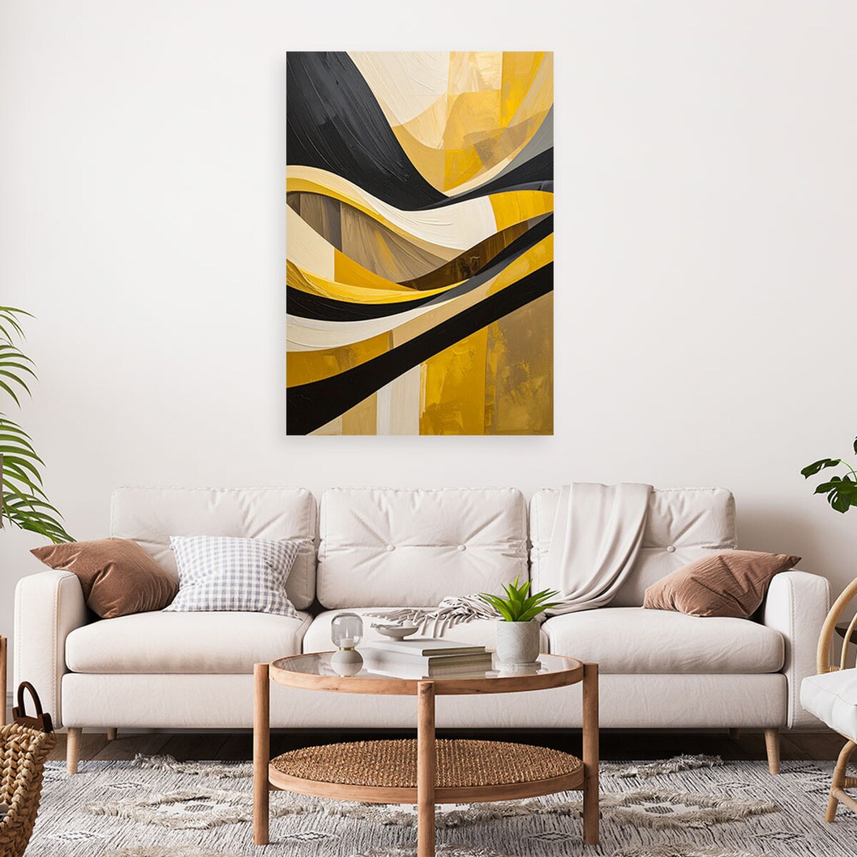 Obraz do salonu sypialni biura loftu, Linie kształty zółty czarny złoty 60x90cm