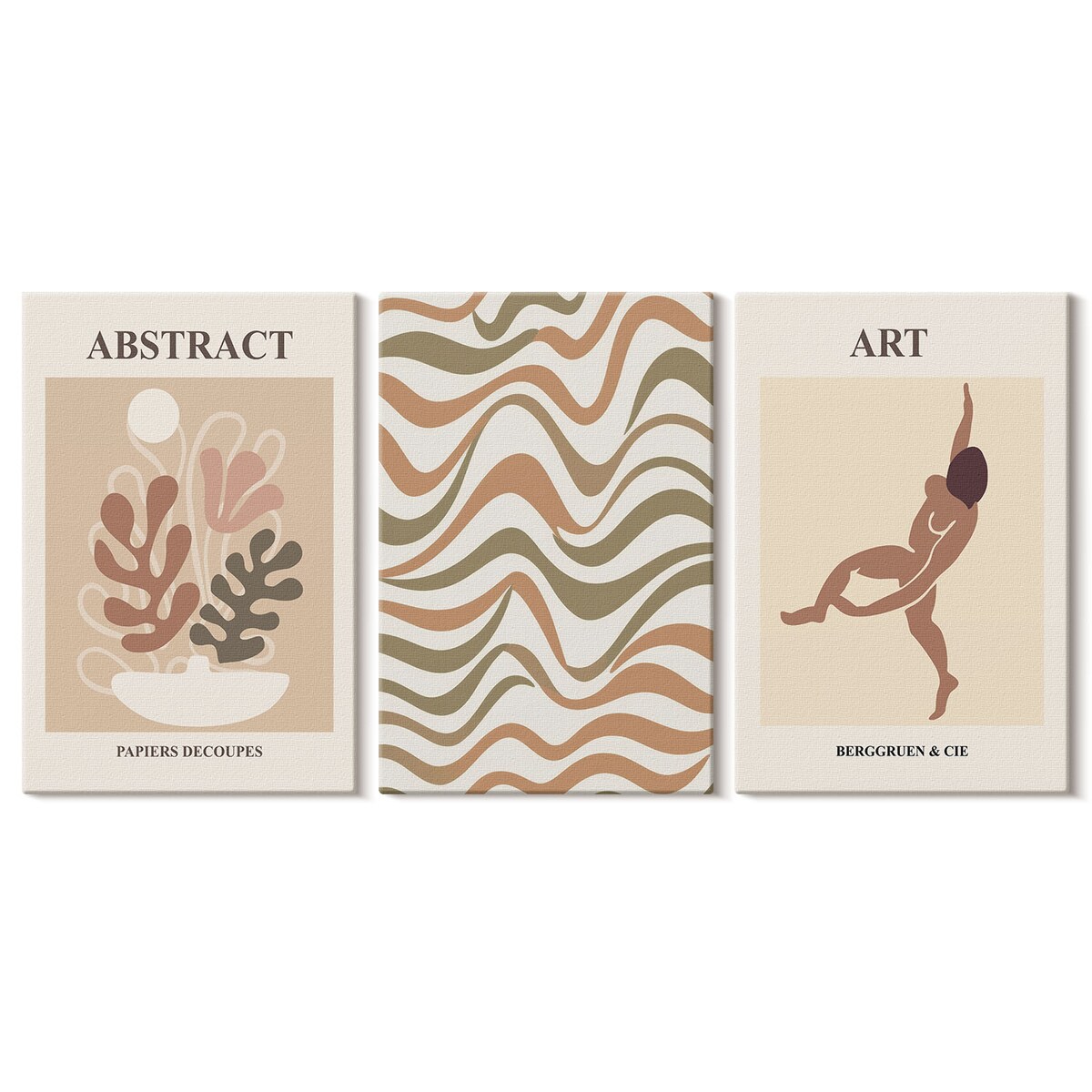 Zestaw 3 dużych obrazów na płótnie - Abstrakcyjne wzory Matisse boho - beżowy