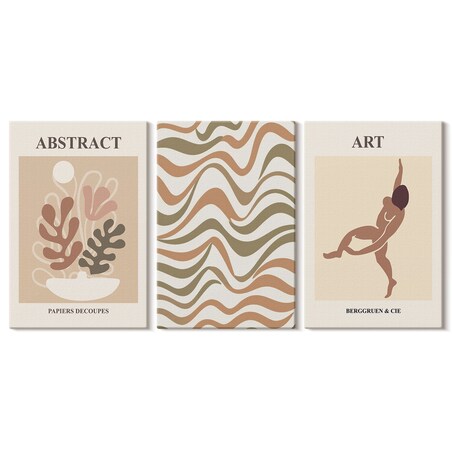 Zestaw 3 dużych obrazów na płótnie - Abstrakcyjne wzory Matisse boho - beżowy
