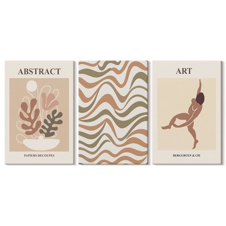 Zestaw 3 dużych obrazów na płótnie - Abstrakcyjne wzory Matisse boho - beżowy