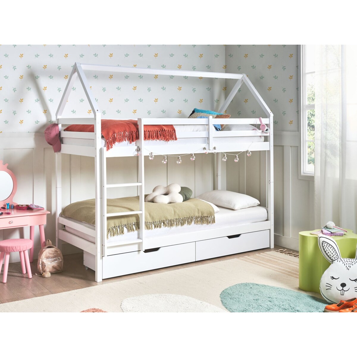 Łóżko piętrowe z szufladami Domek Drewno sosnowe TERNAS 90 x 200 cm ze schowkiem Biały