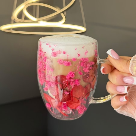 Szklanka termiczna z kwiatami w środku, gipsówka róż 300 ml 1szt SZK204
