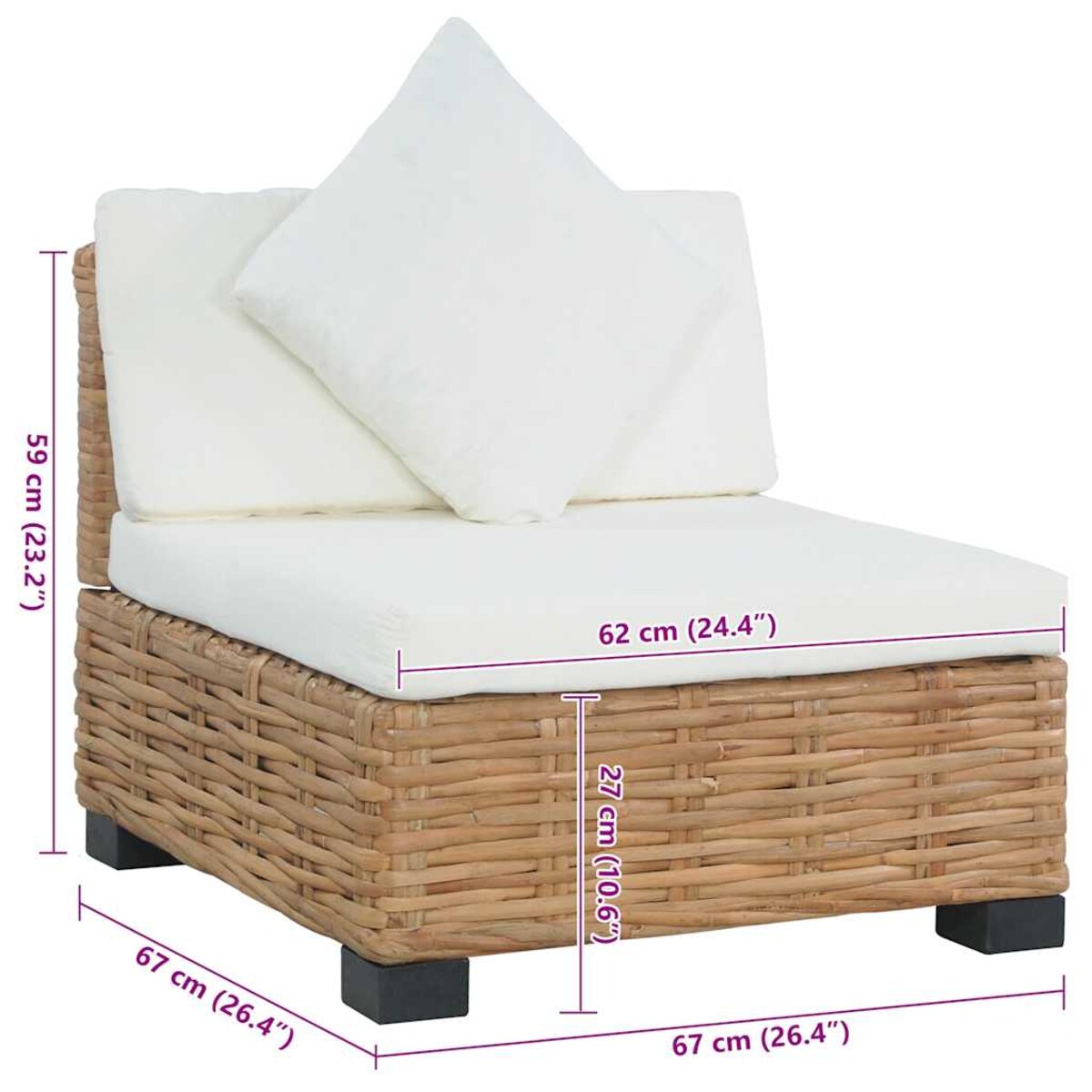 vidaXL Sofa bez podłokietników, z poduszkami, naturalny rattan