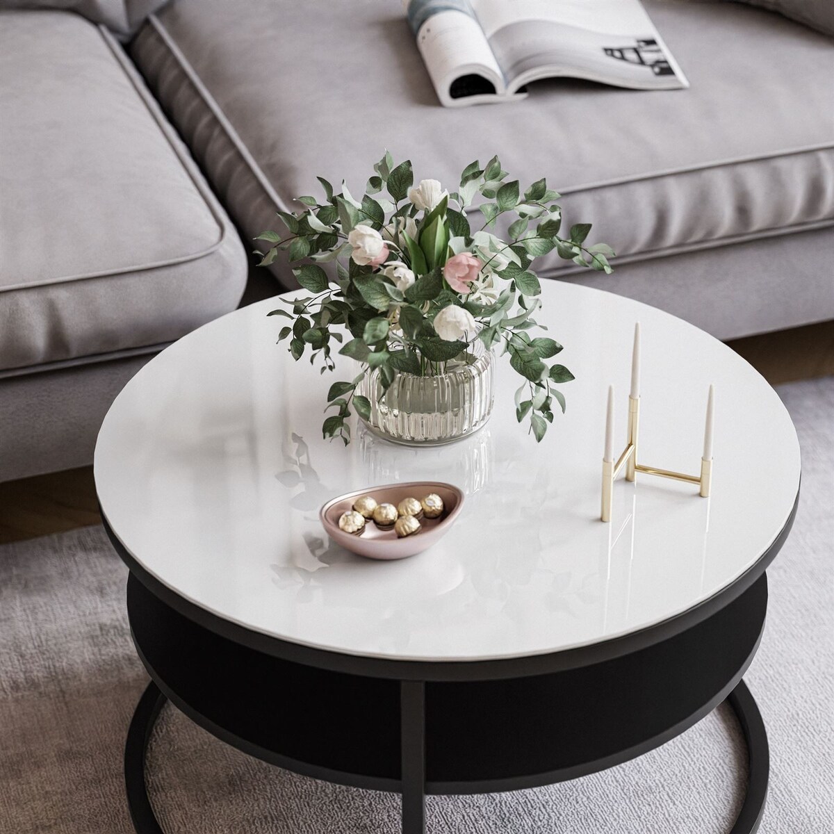 Stolik kawowy CIRI SLIM z półką czarny białe szkło