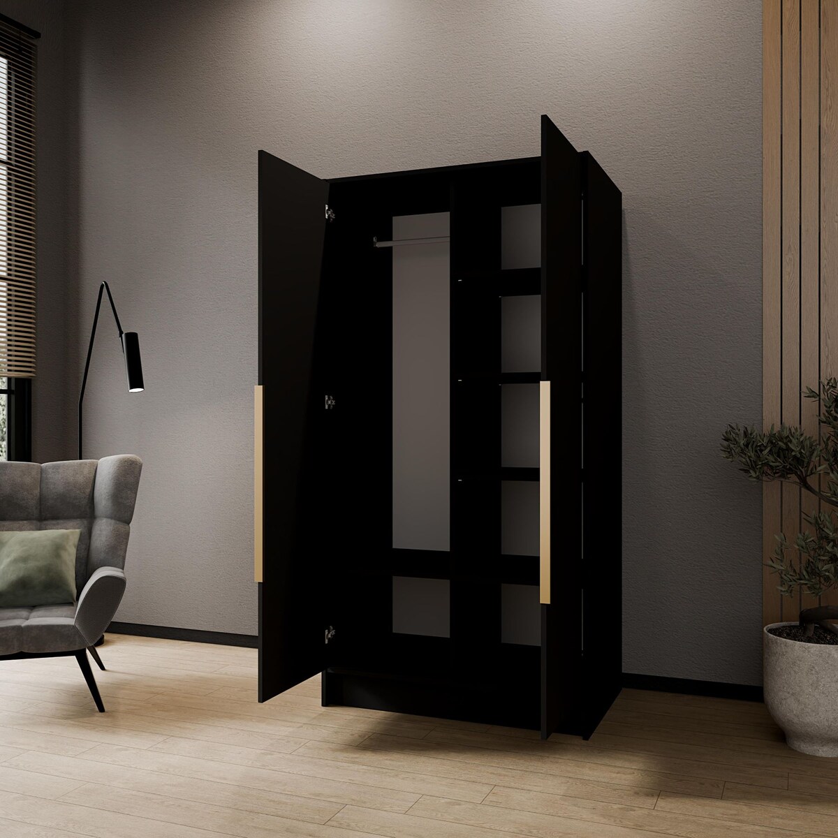 Szafa 100 gładka ORTO bez lustra ze złotymi uchwytami, czarna