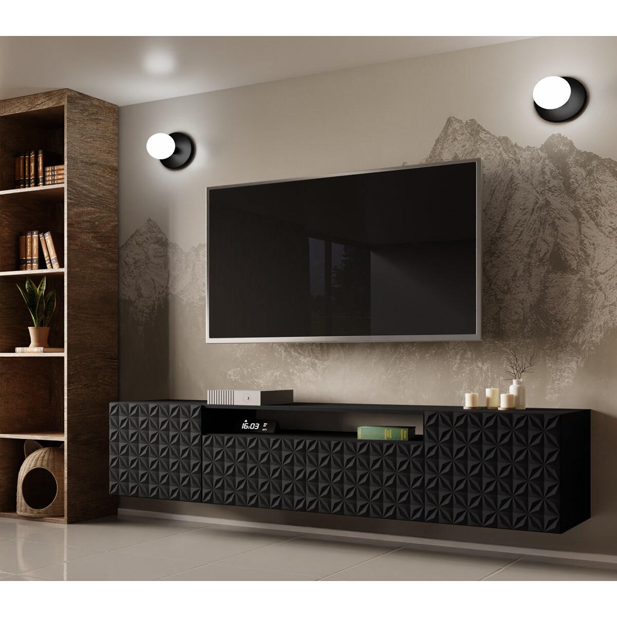 Szafka RTV ALI 200 cm, wisząca, z ozdobnymi frontami, pod telewizor- czarna