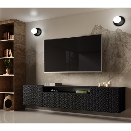 Szafka RTV ALI 200 cm, wisząca, z ozdobnymi frontami, pod telewizor- czarna