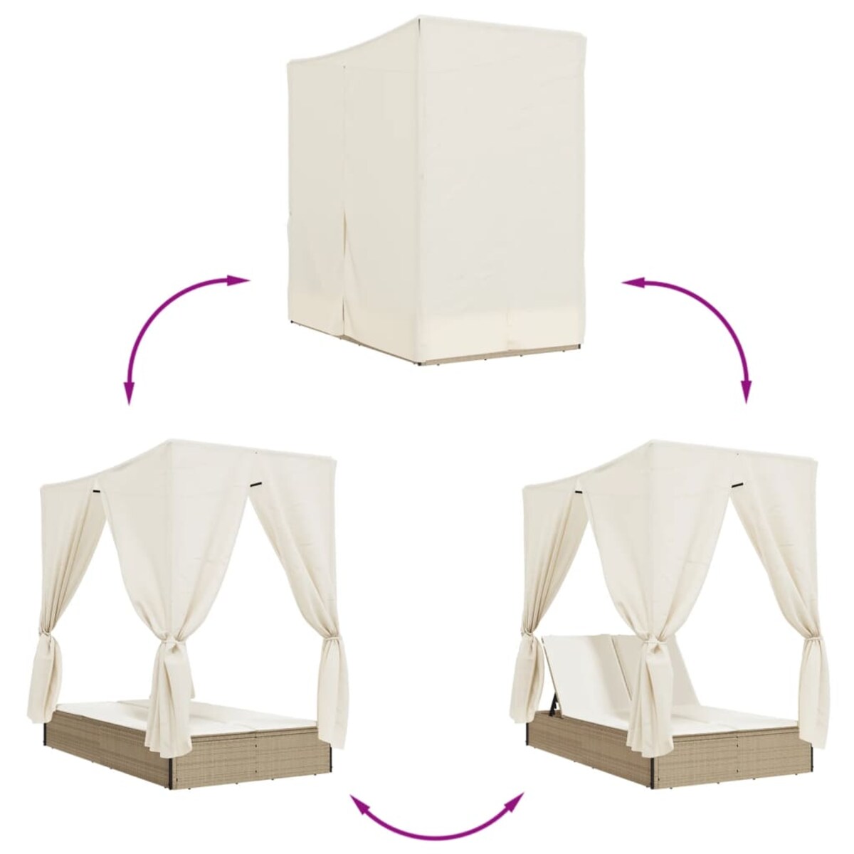 vidaXL Podwójna leżanka z daszkiem i zasłonami, beżowy polirattan