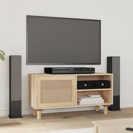 vidaXL Stolik pod TV, brązowy, 80x30x40 cm, drewno sosnowe i rattan