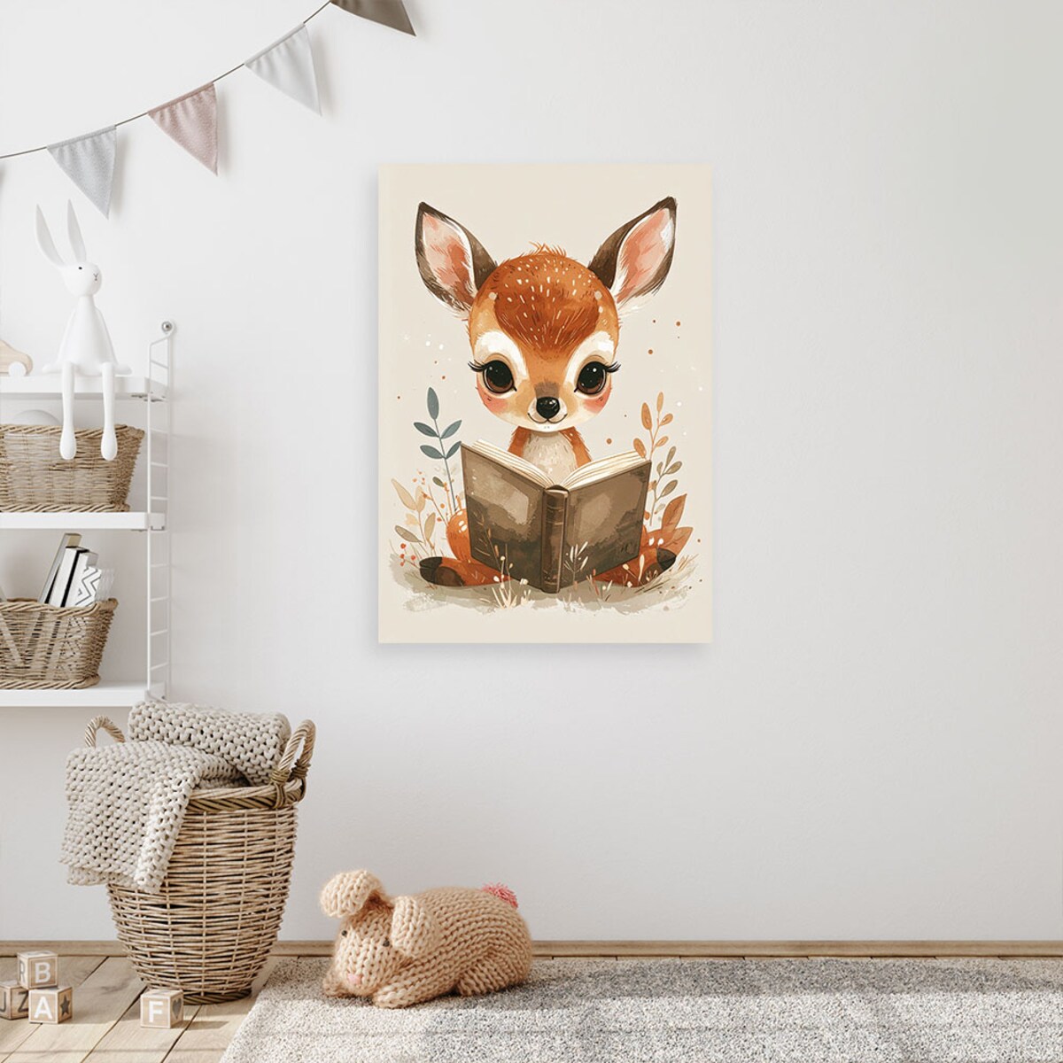 Obraz do pokoju dziecka niemowlaka, Mała sarenka czytajaca książkę zwierzęta leśne 40x60 cm