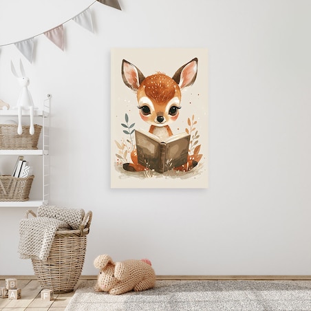 Obraz do pokoju dziecka niemowlaka, Mała sarenka czytajaca książkę zwierzęta leśne 40x60 cm