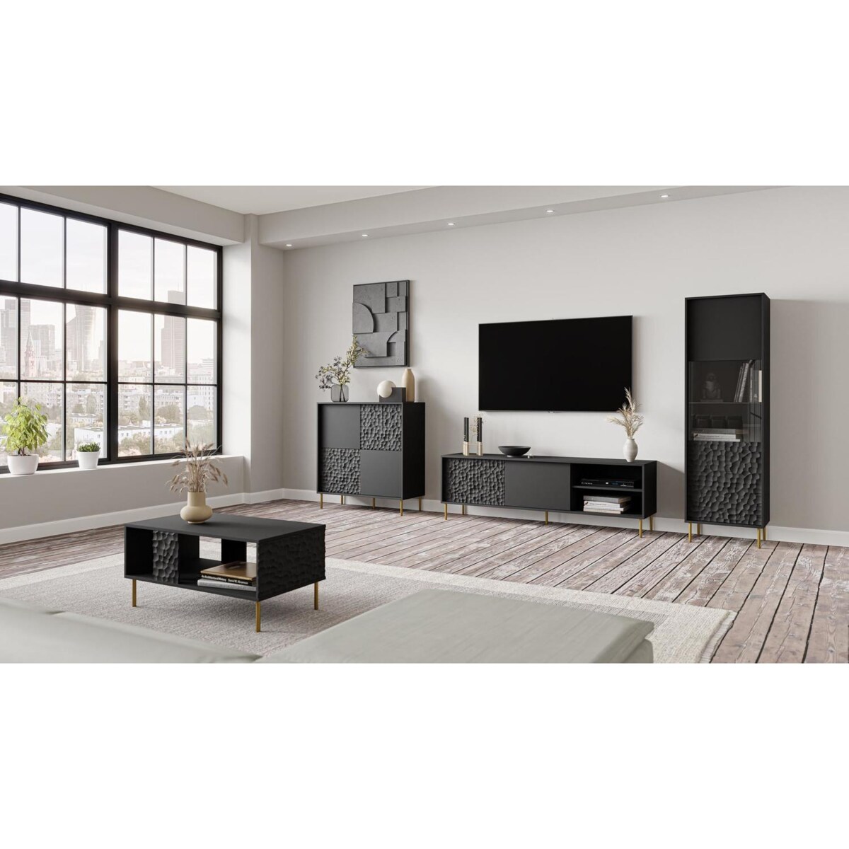 KOMODA Afir wysoka 80/41/105 cm 8 PÓŁEK czarna ZDOBIENIE 3D