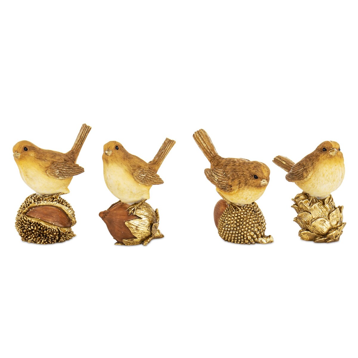 Figurki 4 ptaszków siedzących na szyszce, kasztanie, orzechu i żołędziu 7,5x6,5x4 cm