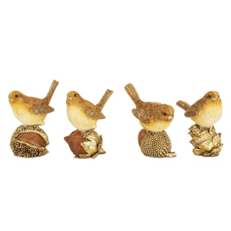 Figurki 4 ptaszków siedzących na szyszce, kasztanie, orzechu i żołędziu 7,5x6,5x4 cm