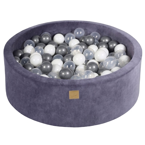MeowBaby® Velvet Szaroniebieski Okrągły Suchy Basen 90x30cm dla Dziecka, piłki: Biała perła/Transparent/Srebrny
