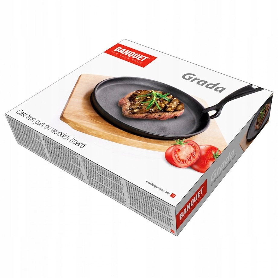 PATELNIA TALERZ ŻELIWNE na desce jedzenie stek mięso warzywa na gorąco box