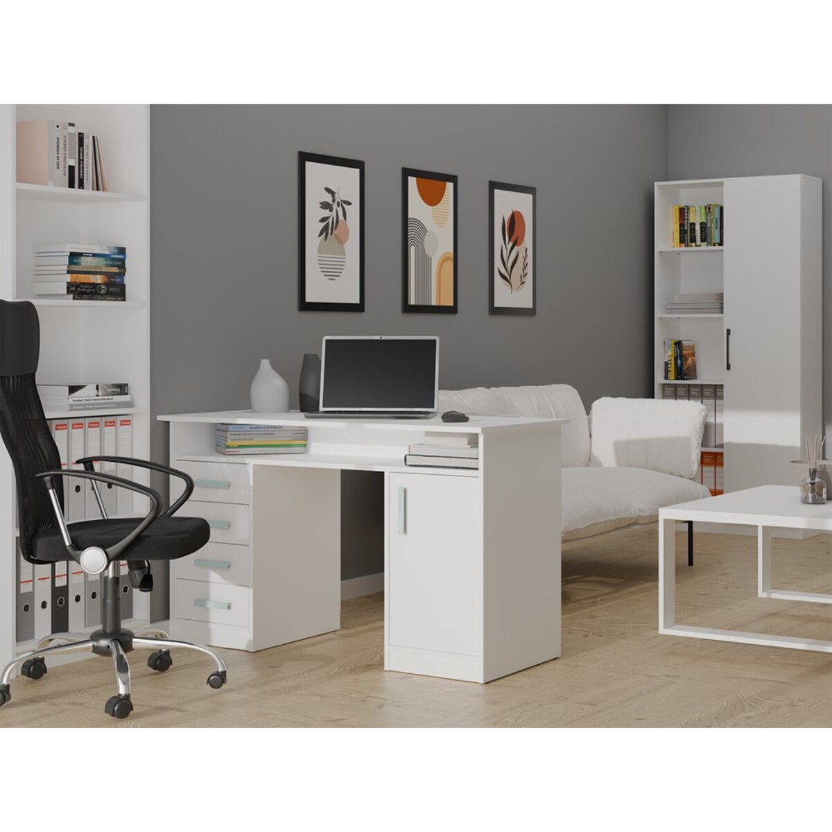 BIURKO ADA BIAŁE 125 Cm 4 Szuflady Szafka Półki Do Biura Pokoju Na Laptop