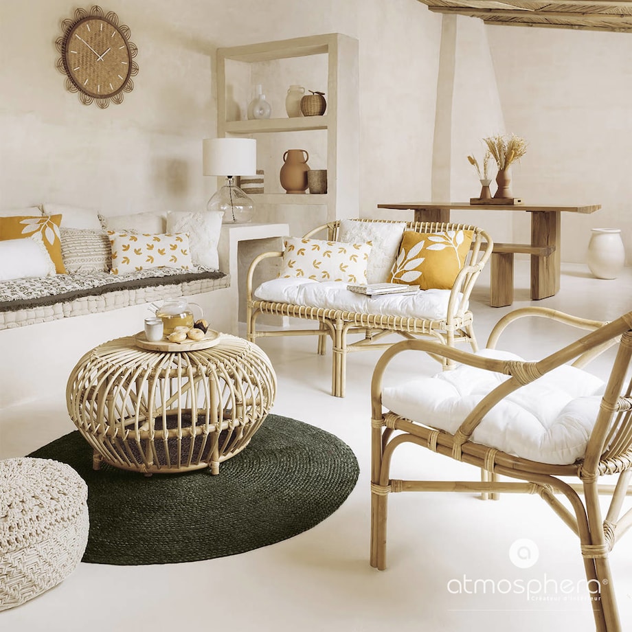 Duży zegar na ścianę w salonie Lour, tarcza z rattanu, boho, Ø 65 cm