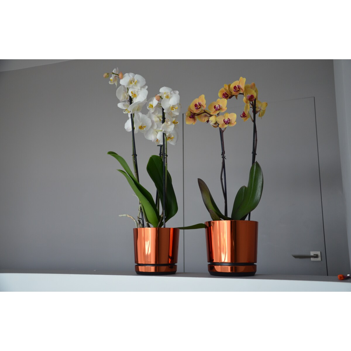 21 cm wzór ORANŻ Doniczka z podstawką nowoczesna glamour wysoki połysk metaliczny industrialny loft pomarańczowa