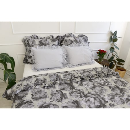 Pościel Bawełniana Z Falbanką Zestaw Komplet Do Sypialni Kołdra + 4 Poduszki 160X200 Szare Kwiaty
