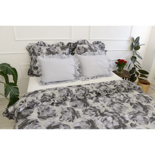Pościel Bawełniana Z Falbanką Zestaw Komplet Do Sypialni Kołdra + 4 Poduszki 160X200 Szare Kwiaty