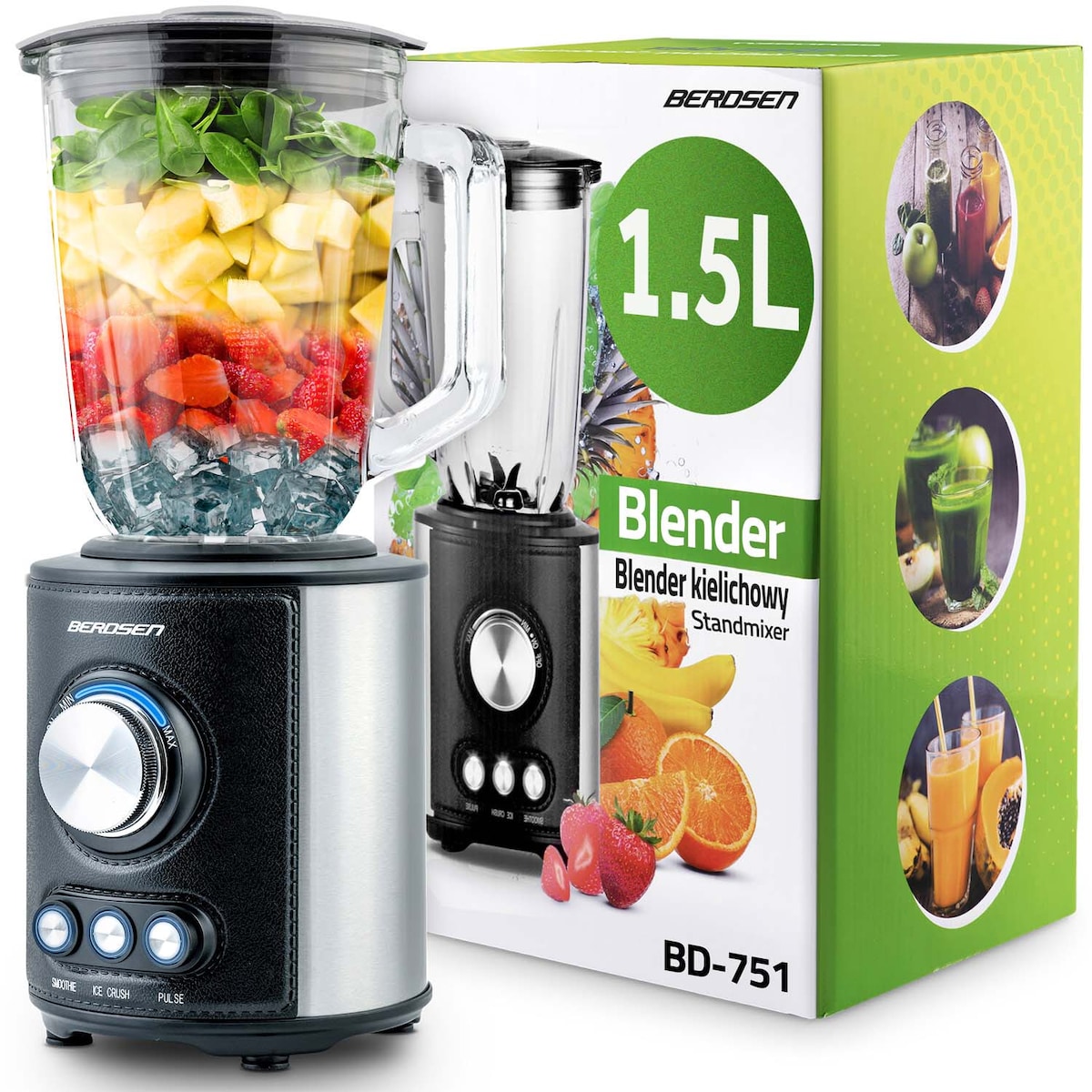 Duży blender kielichowy szklany Berdsen 800w czarny 1,5l