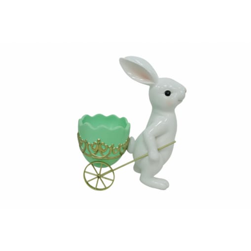 Dekoracja - królik ceramiczny 22x18,8x10,7 cm BIELAK- z zieloną taczką