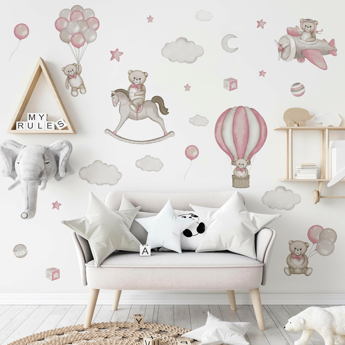 Naklejki Na Ścianę Misie Różowe Balony Koń Na Biegunach Chmury Zestaw 120x60cm