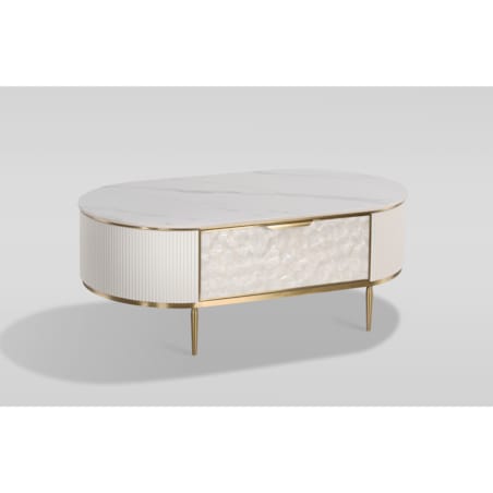 Kremowy stolik kawowy glamour Champion z muszlami i spiekiem 122x71x45