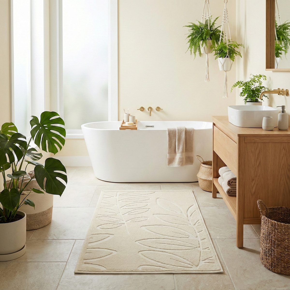 Dywanik łazienkowy Lino 73x135 cm bawełniany roślinny beżowy