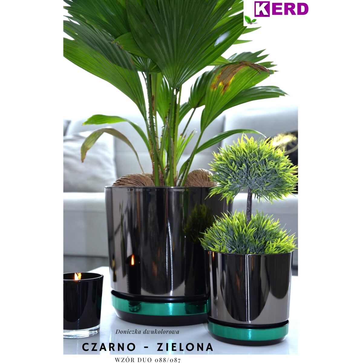 32 Doniczka DUO CZARNA z podstawką ZIELONA dwukolorowa nowoczesna industrialny loft glamour wysoki połysk metaliczna elegancka duża donica