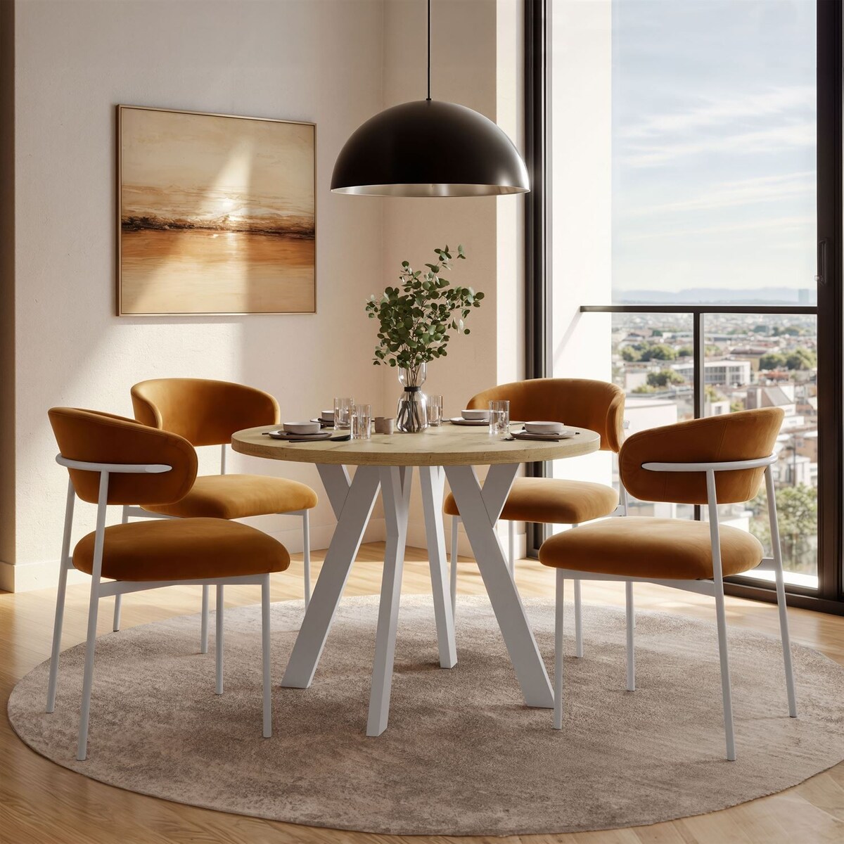 Okrągły stół rozkładany VOLTA LOFT, nogi białe, blat dąb artisan