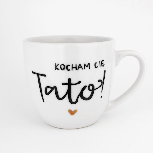 Biały kubek porcelanowy 300 ml - napis kocham cię tato z motywem złotego serca na dzień ojca dla taty