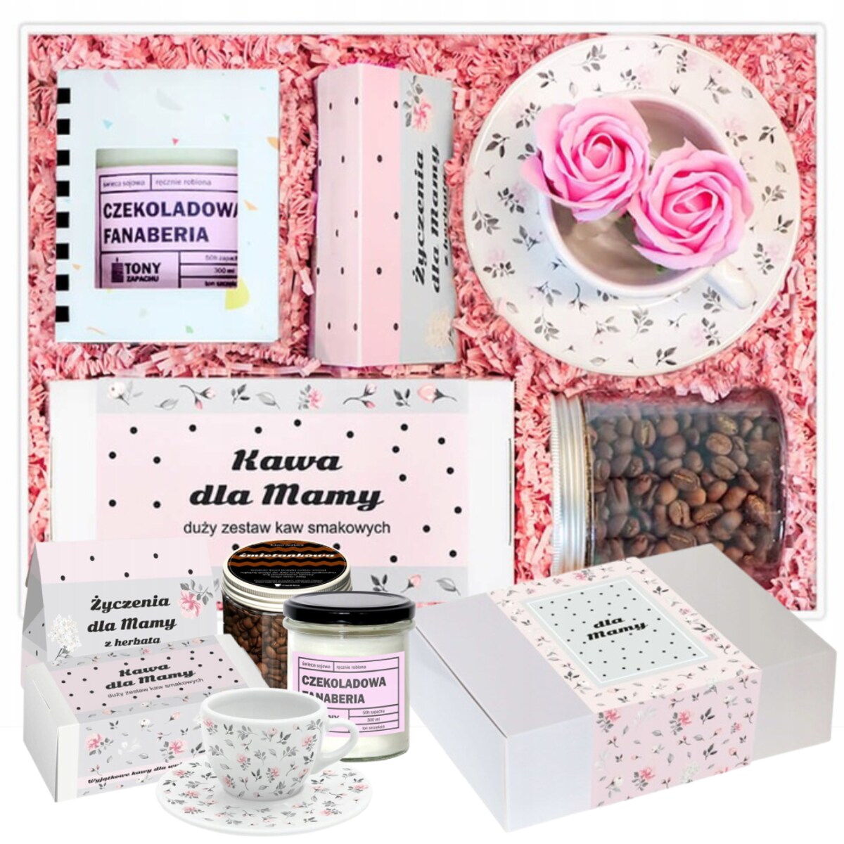 BOX dla MAMY wyjątkowy prezent z kawami aromatyzowanymi świecą filiżanką