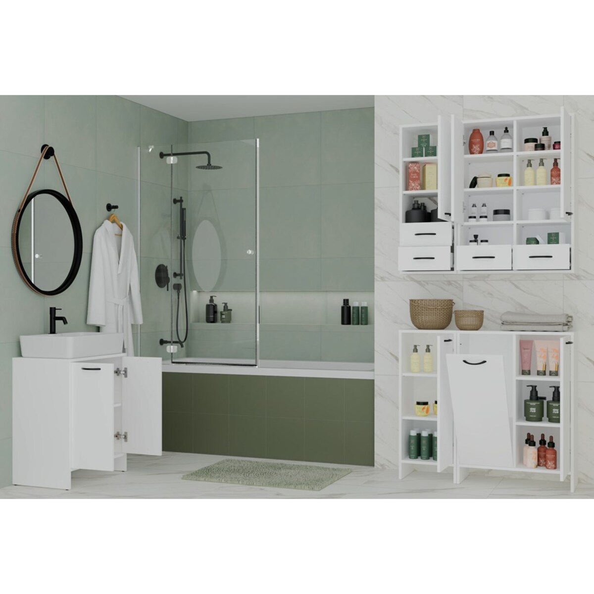 Szafka Łazienkowa Wisząca NINA W2D2P2S BIAŁY Regał 2 Drzwi 8 Półek 2 Szuflady