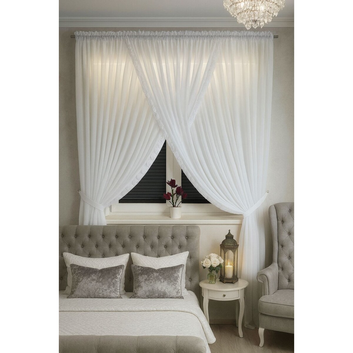 firana zakładana z rzędem róż | 400x250 | taśma marszcząca | biała