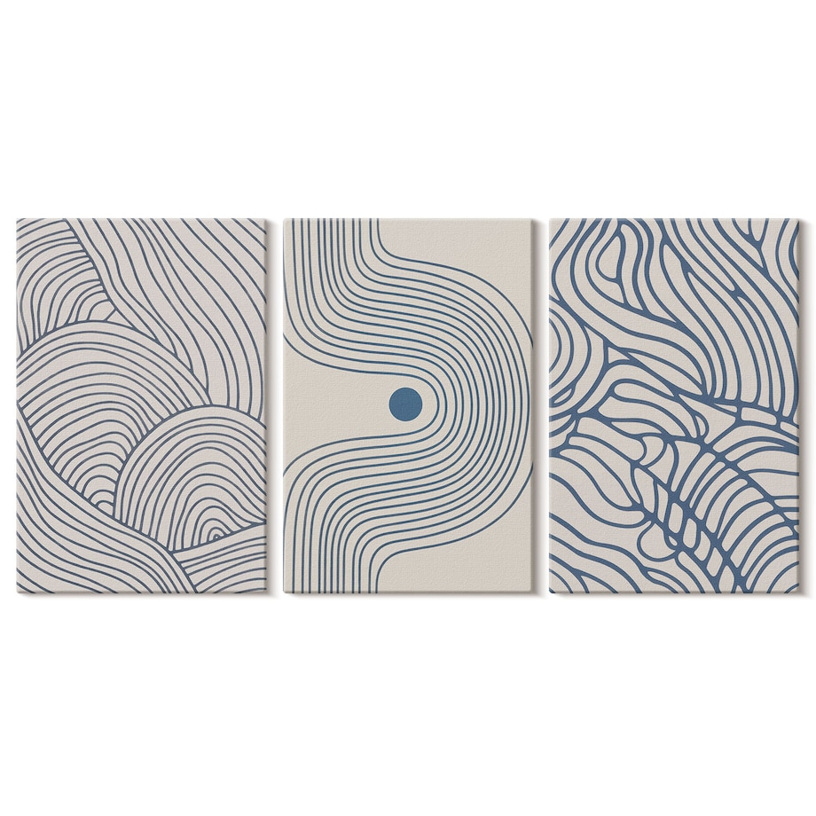 Zestaw 3 małych obrazów na płótnie - Abstrakcyjne linie fale kształty - niebieski